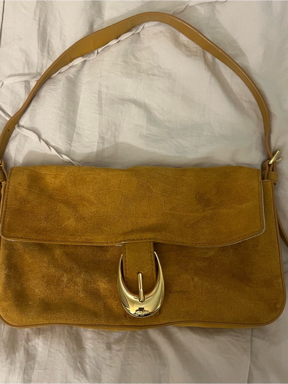 STAUD Harlow Mustard Suede Shoulder Bag with Gold Buckle